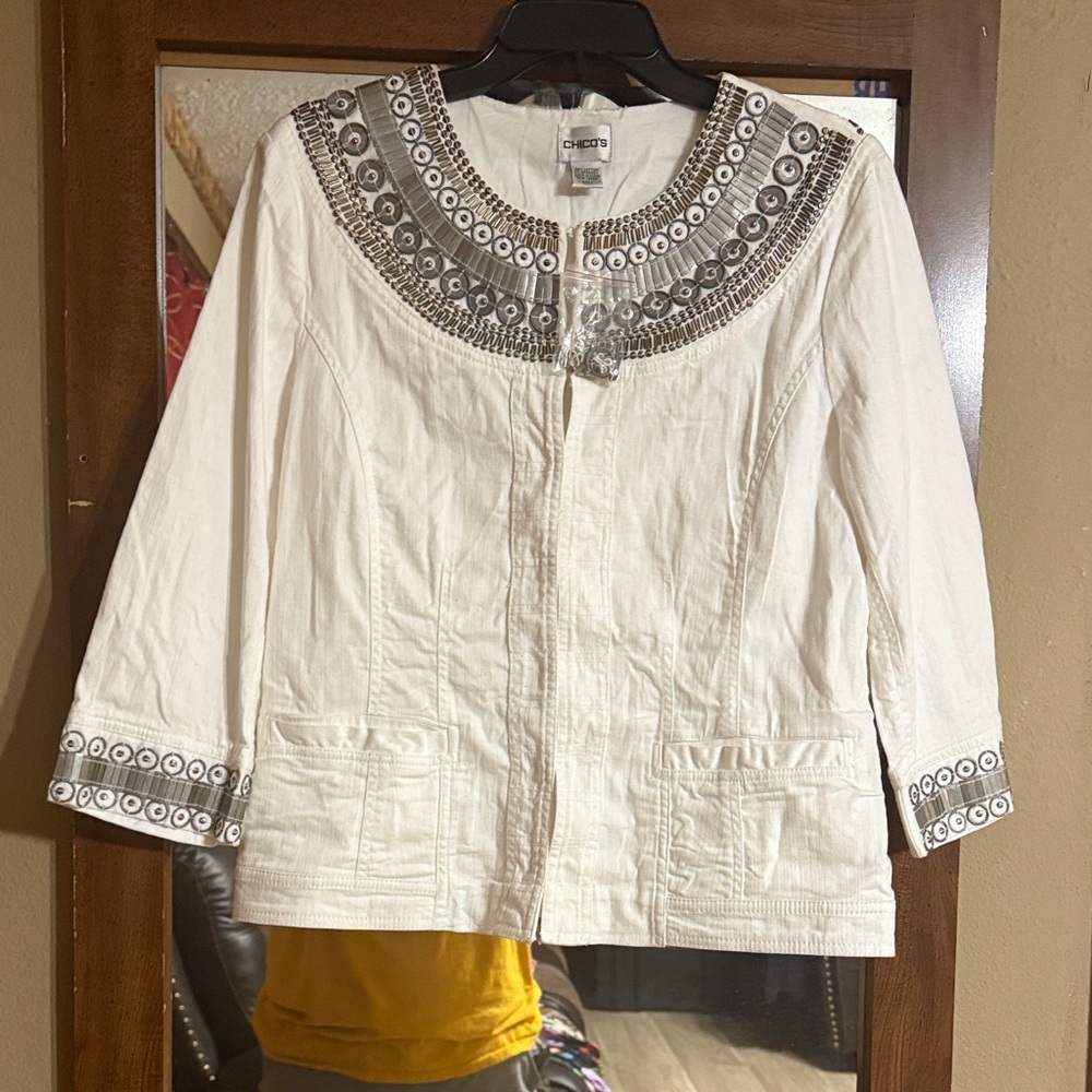Chico's Elegant White Blazer with Silver Accents